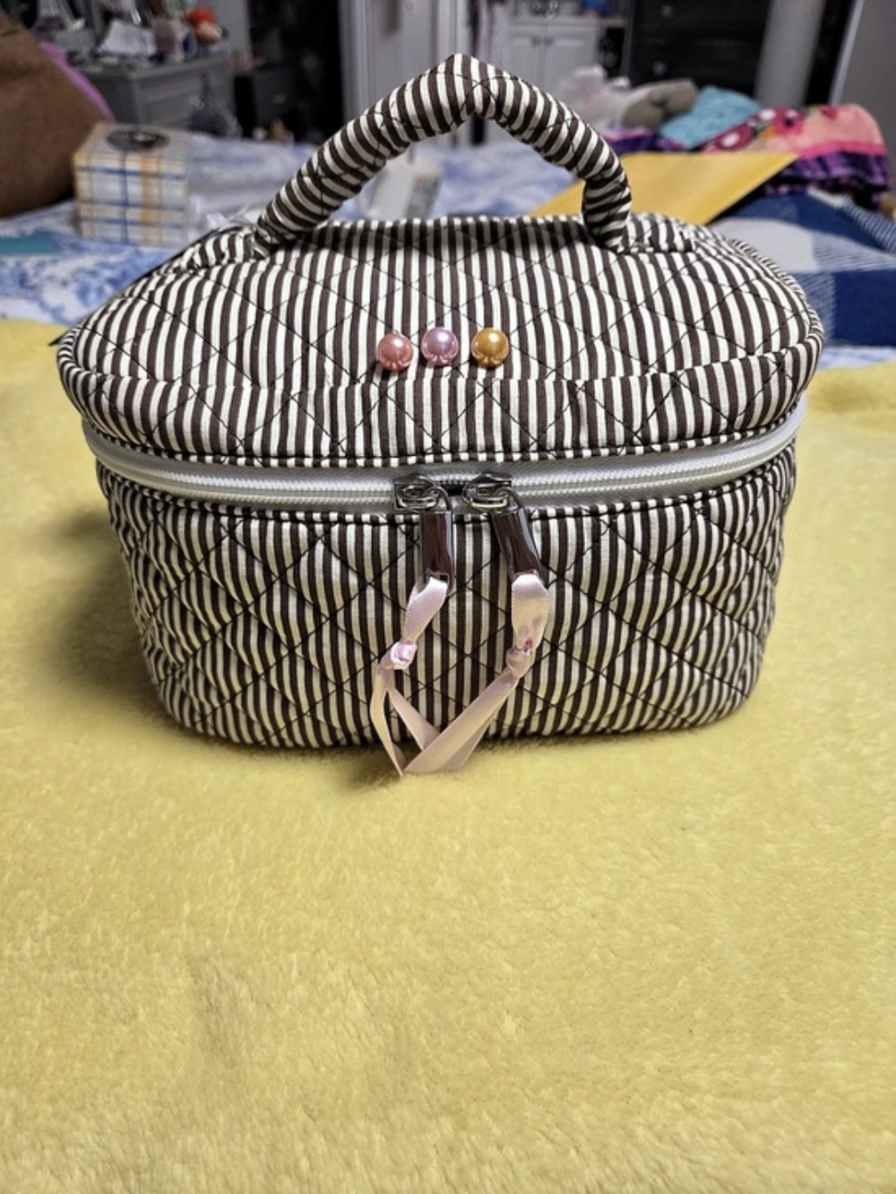 Wild Fable Quilted Striped Train Case Makeup Bag Brown & White